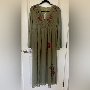 Elegant Olive Green Floral Dress